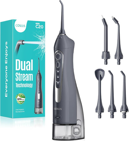 COSLUS Water Dental Flosser Teeth Pick C20: ADA Accepted, Portable Cordless Oral Irrigator 300ML Rechargeable Travel Irrigation Cleaner IPX7 Waterproof Electric Flossing Machine for Teeth, Black