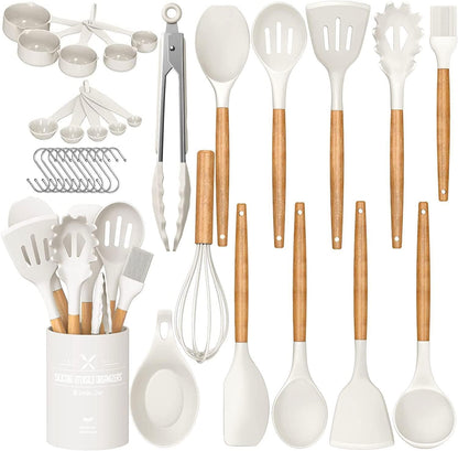 Umite Chef Kitchen Cooking Utensils Set, 33 Pcs Non-Stick Silicone Cooking Kitchen Utensils Spatula Set with Holder, Wooden Handle Silicone Kitchen Gadgets Utensil Set (Khaki)
