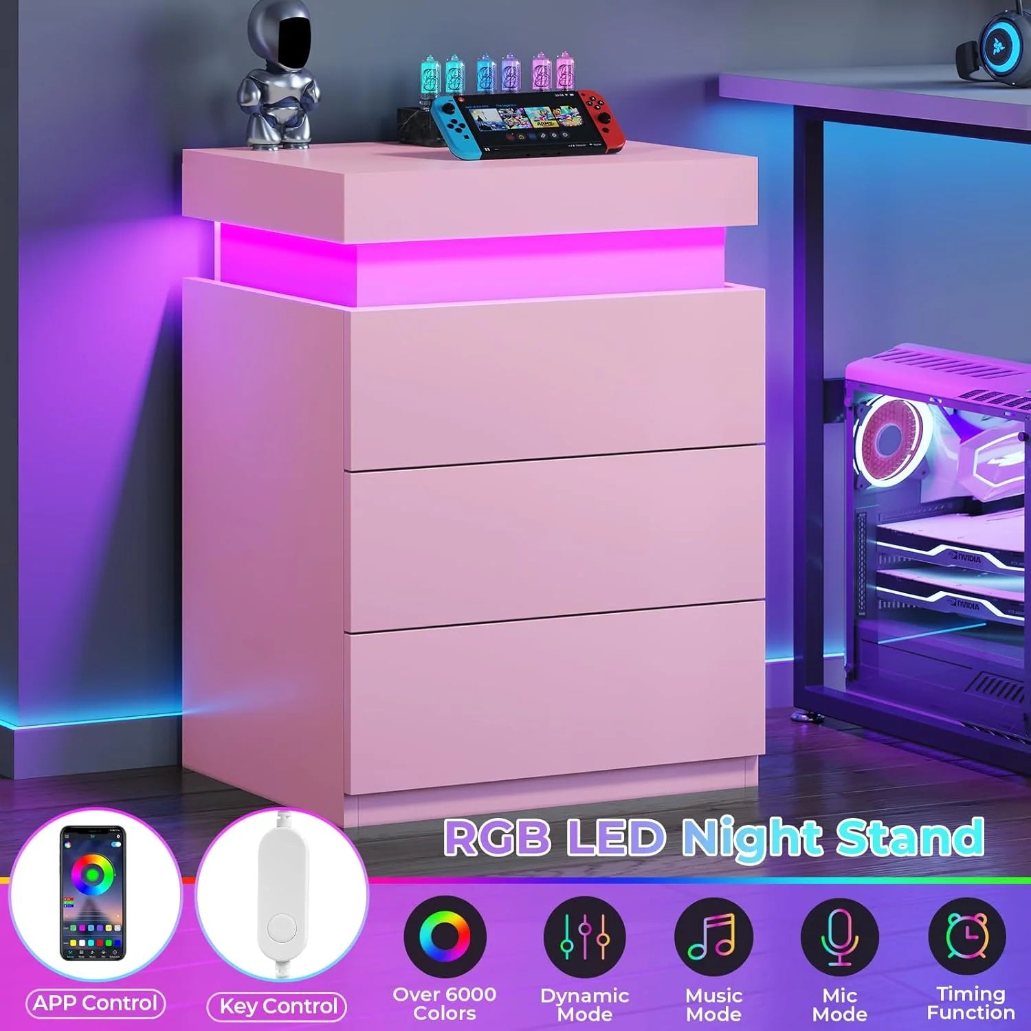 Bedroom Nightstand Charging Station LED Lights Sliding Top Drawers