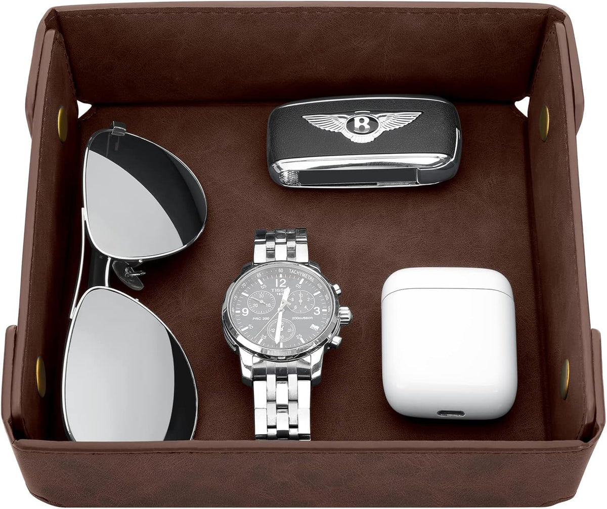 CASIRENA Faux Leather Valet Tray Organizer for Men - Catch-All Tray for Entryway Table Key, Wallet, Watch, Coin Change, Phone, Dresser EDC Dump Jewelry, Bedside Nightstand Desk-Top