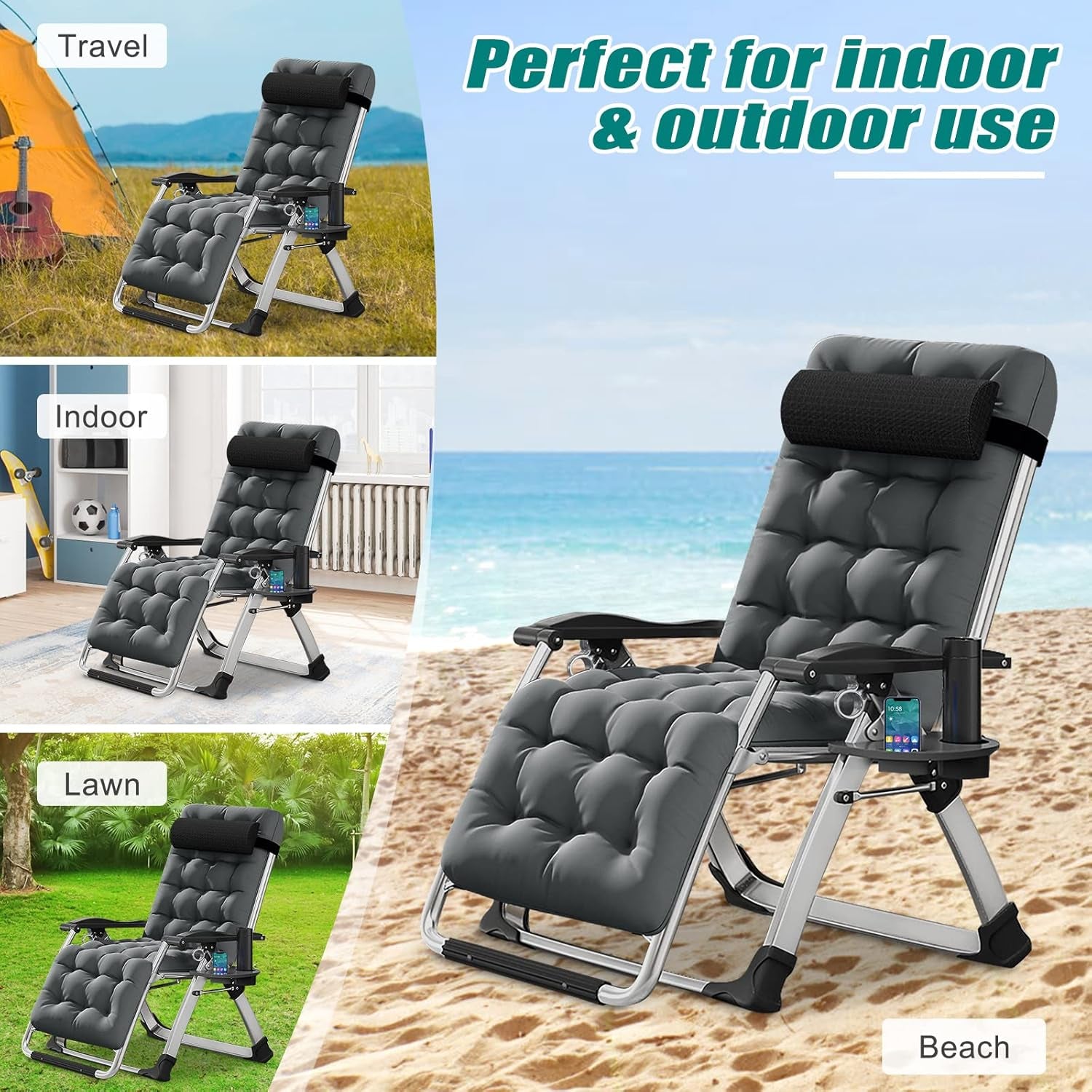 Zero Gravity Chair, Lawn Recliner, Reclining Patio Lounger Chair, Folding Portable Chaise with Detachable Soft Cushion, Cup Holder, Headrest