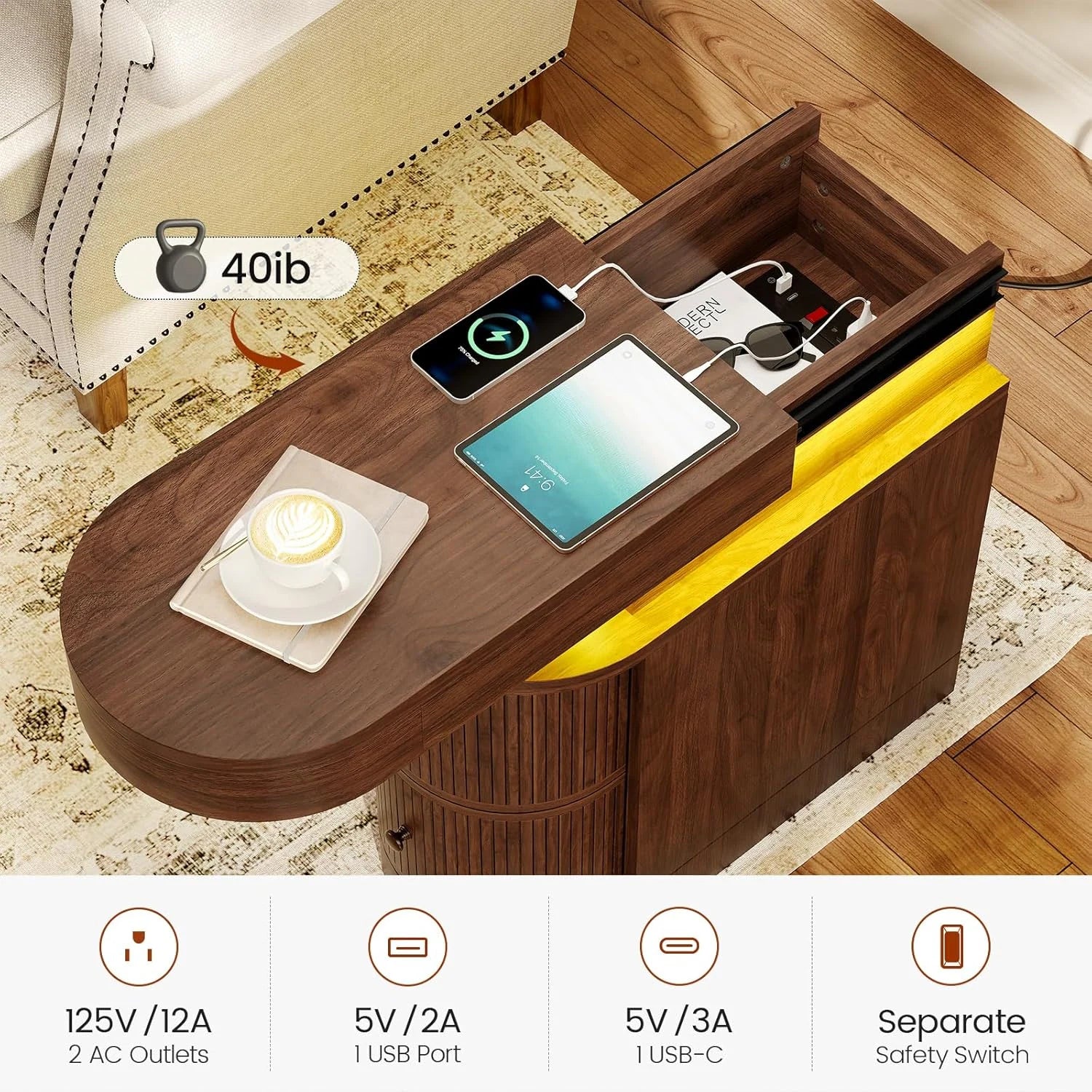 Bedroom Nightstand Charging Station LED Lights Sliding Top Drawers