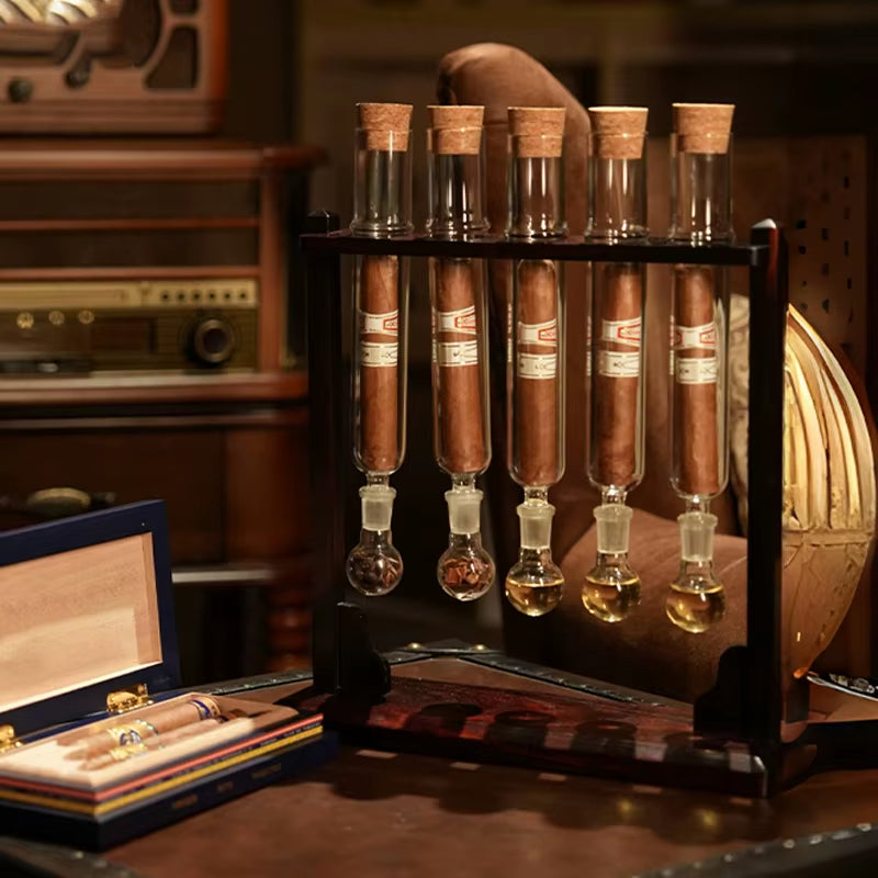 Glass Cigar Tubes Humidor Set Cigar Flavor Infuser Ball Base & Wooden Plug Cigar Incense Glass Tube Set