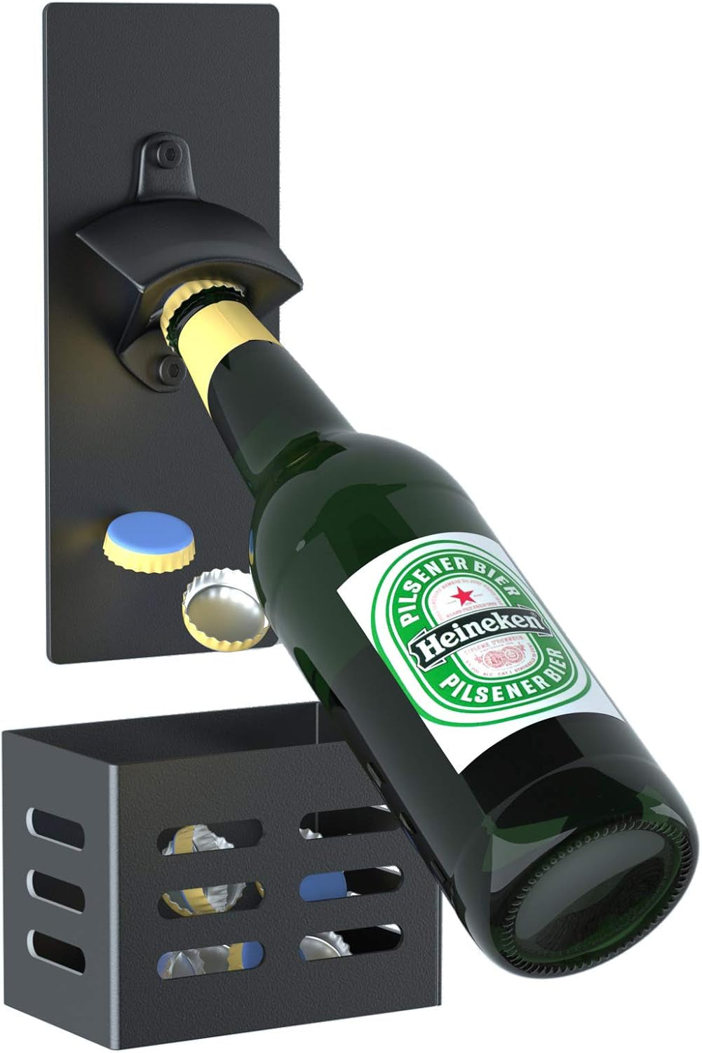 Magnetic Bottle Opener with Cap Catcher, Man Cave Accessories Removable Wall Mounted Beer Bottle Opener for Kitchen Fridge, Beer Gifts for Men (Black)