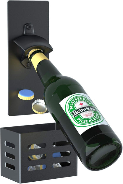 Magnetic Bottle Opener with Cap Catcher, Man Cave Accessories Removable Wall Mounted Beer Bottle Opener for Kitchen Fridge, Beer Gifts for Men (Black)
