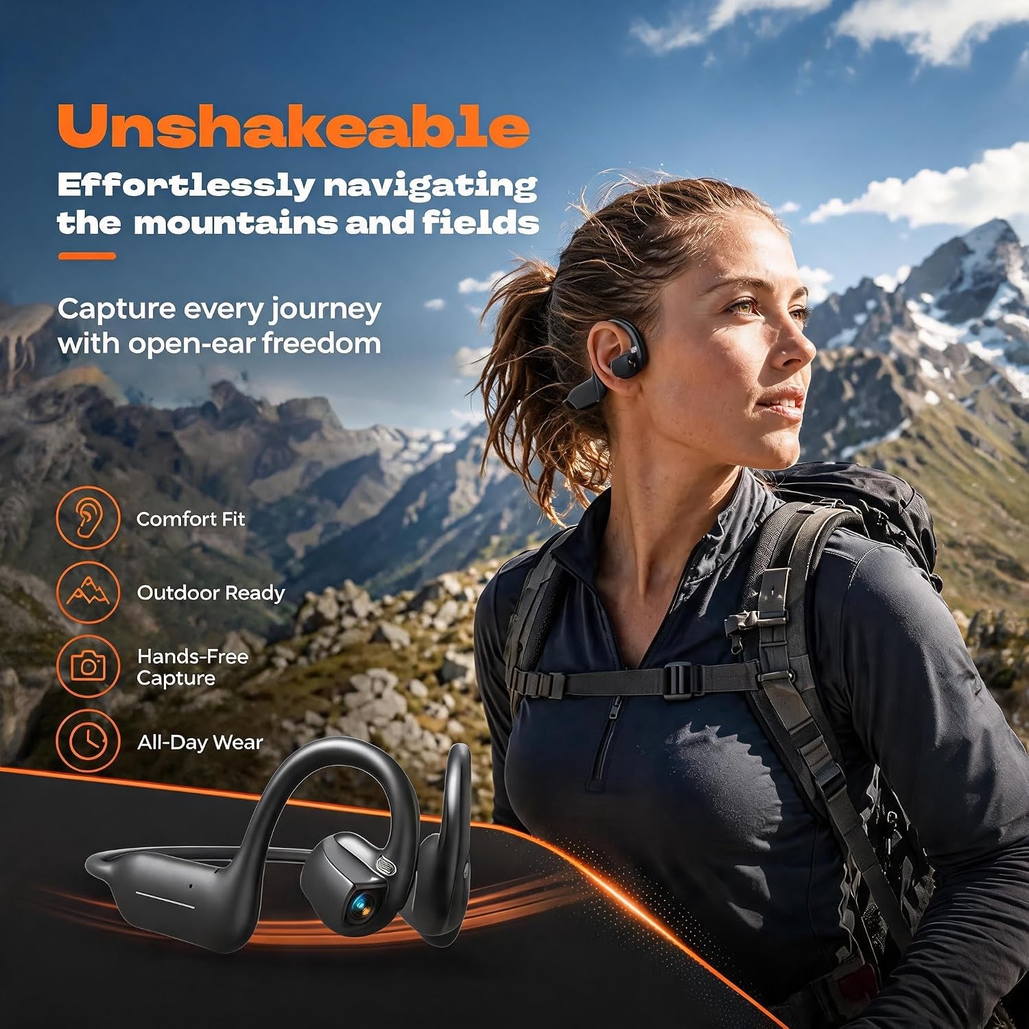 E12 Bone Conduction Headphones with Camera, Open-Ear, Comfort Fit, Hi-Fi | Hands-Free POV Camera, AI Translation & Smart Conversation, Wireless Bluetooth Sport Earphones with App for Running & Travel