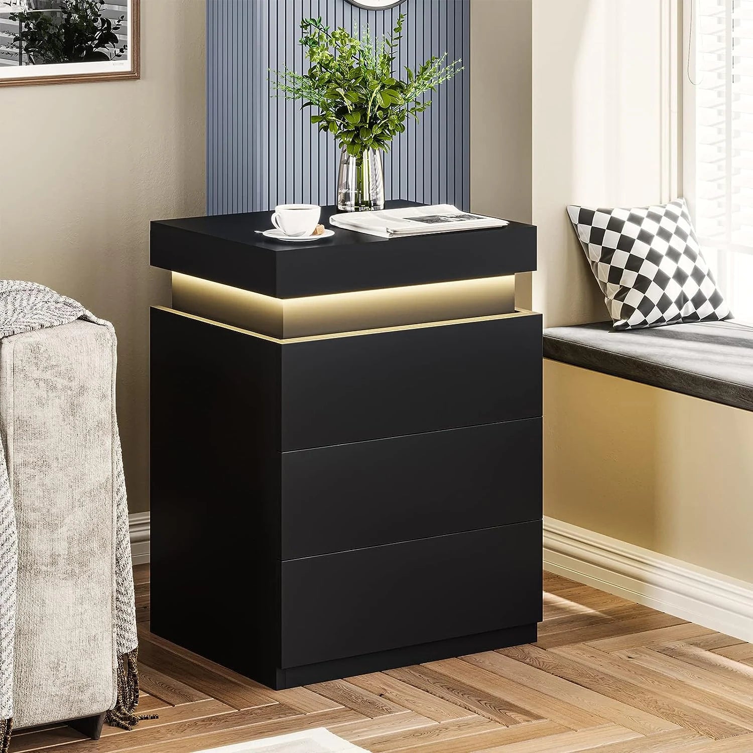 Bedroom Nightstand Charging Station LED Lights Sliding Top Drawers