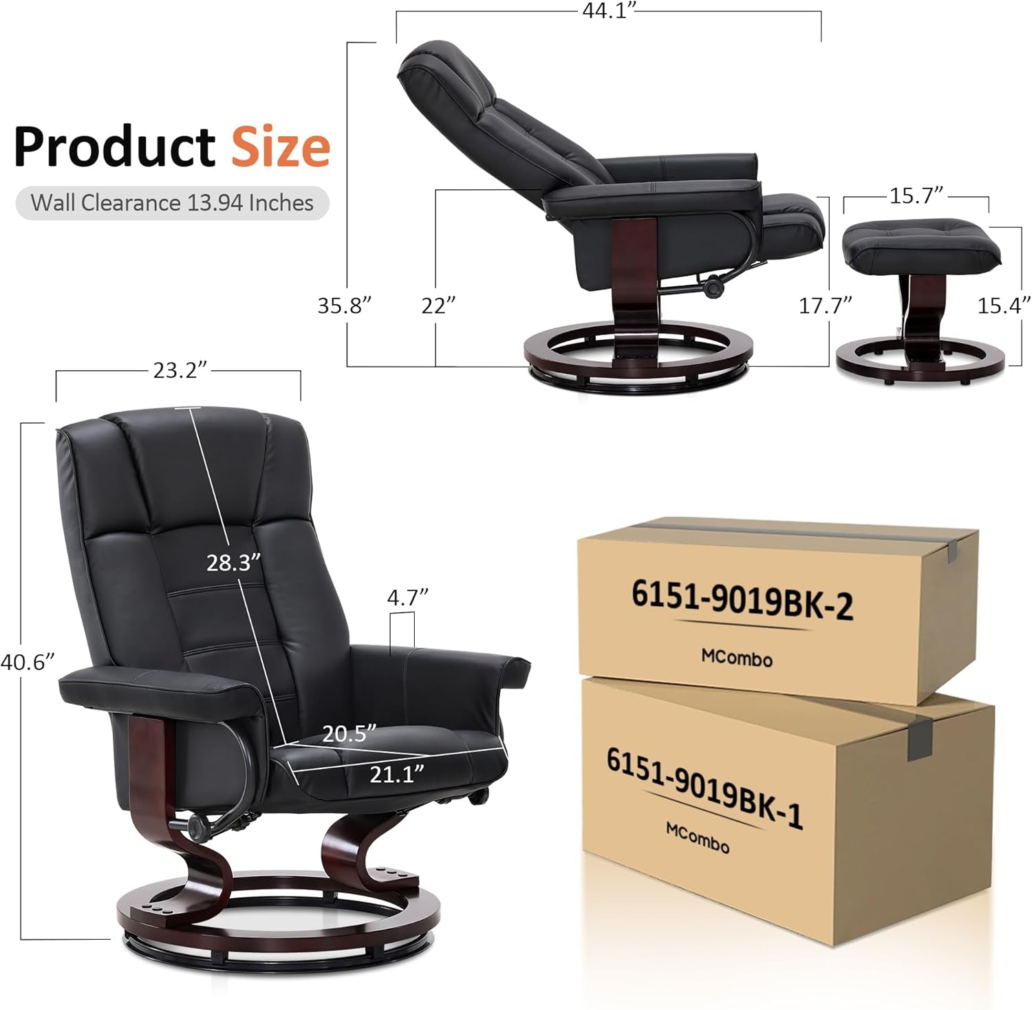 Mcombo Manual Swivel Recliner with Ottoman, Chair Ottoman Set for RV Small Spaces, Living Room, Bedroom, Office 9019 4919 (Faux Leather, Black)