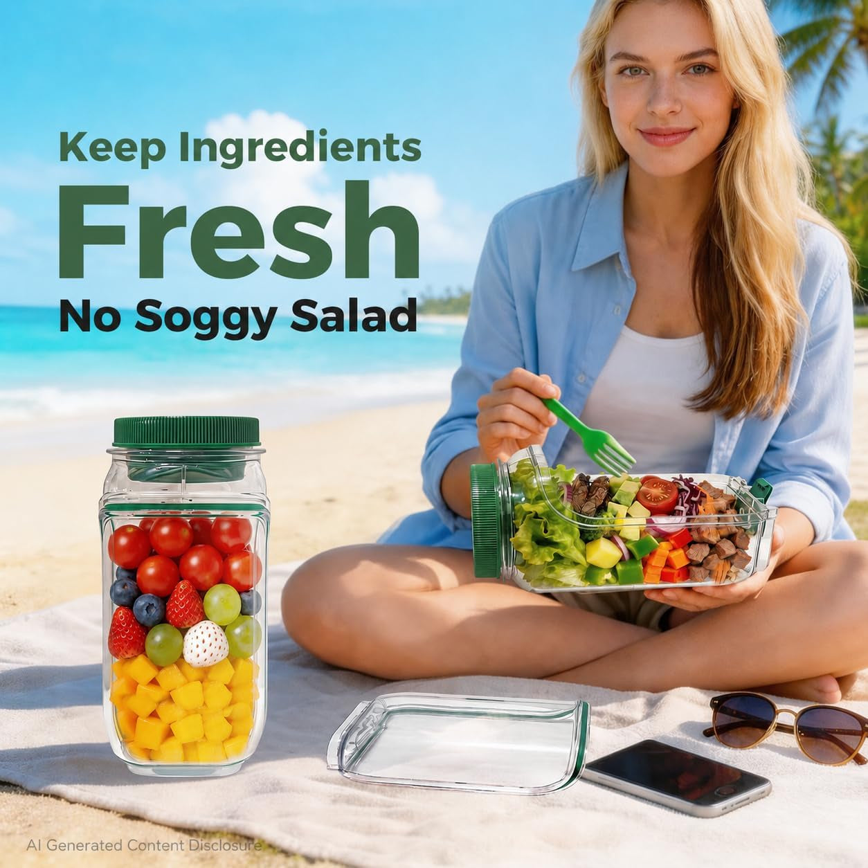 Portable-Salad-Jar Side Opening,Salad-Pod with Dressing Cup 33.8 Oz | 2.5 Oz Cup, Lid Container for Lunch Lid Converts to Bowl Leakproof Design for Office, Travel, Picnic, Meal Prep (Green)