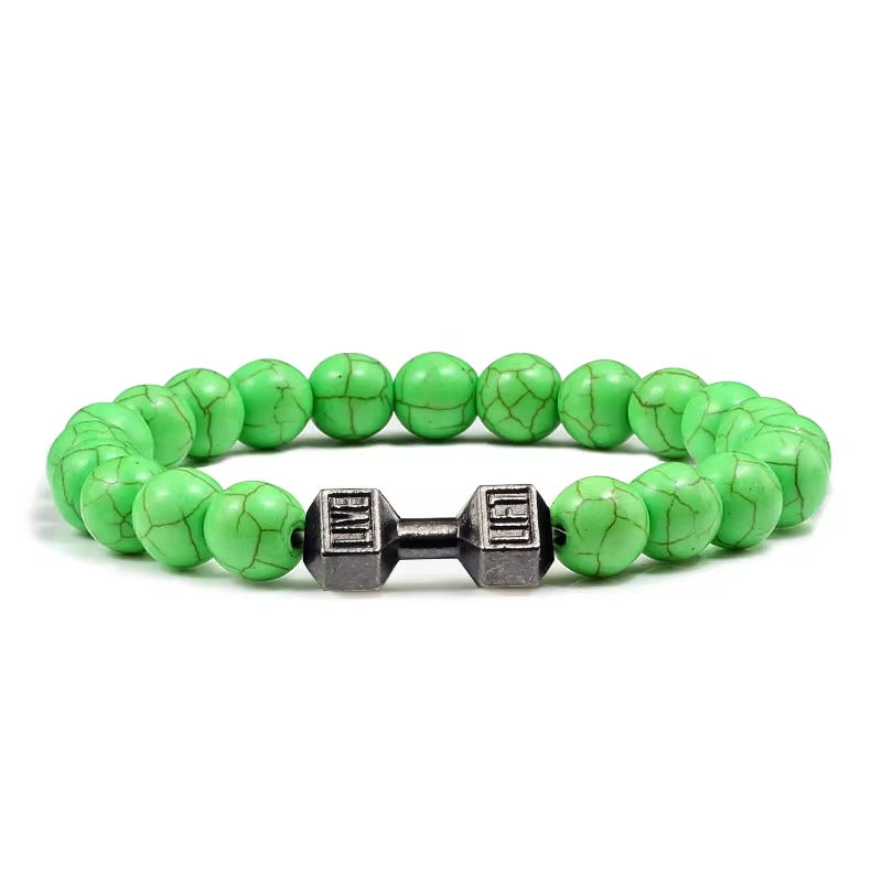 ForgeFit™ Volcanic Stone Fitness Bracelet / Natural Volcanic Stone Bracelet Men Matte Black Lave White Beads Charm Dumbbell Strand Bracelets Women Barbell Fitness Jewelry