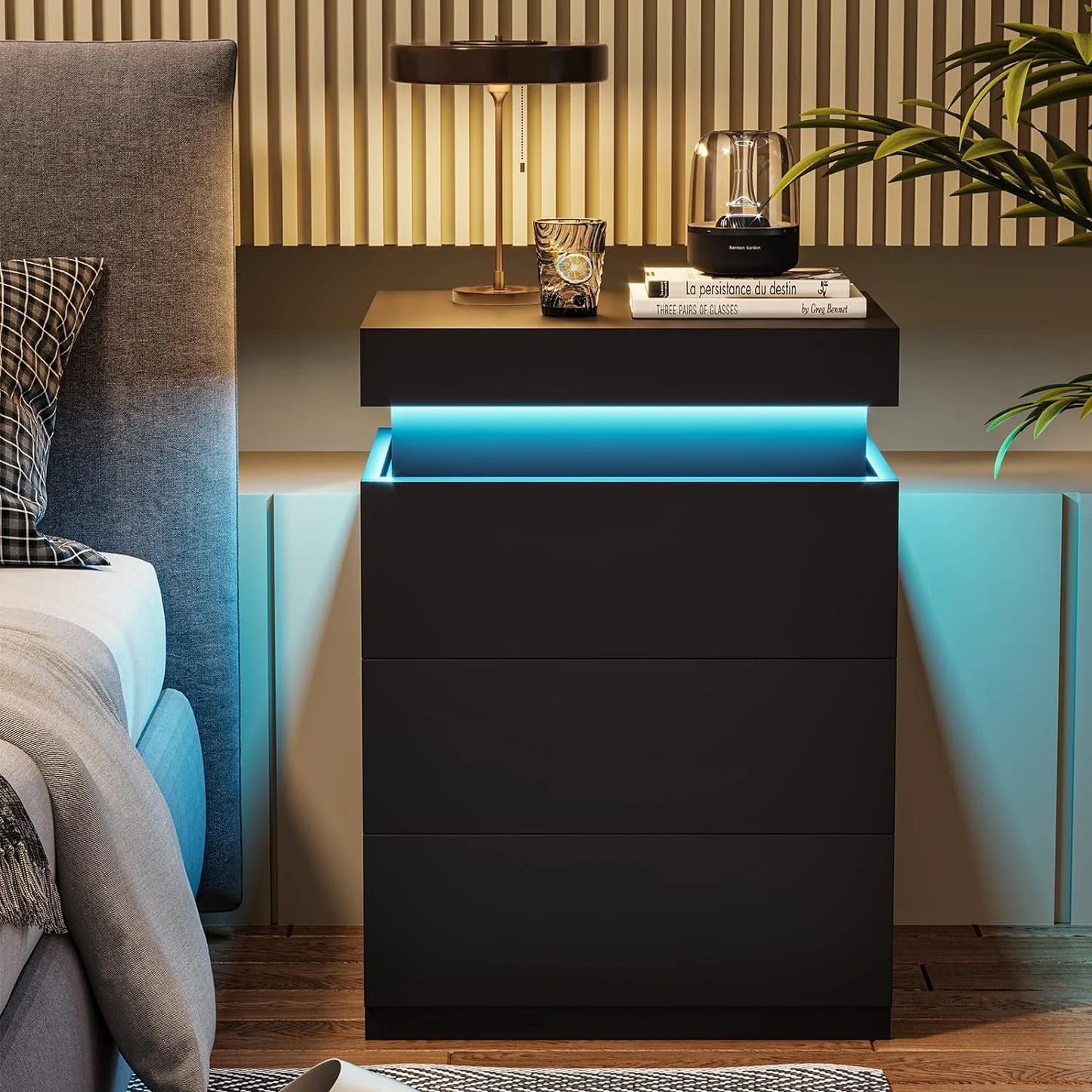 Bedroom Nightstand Charging Station LED Lights Sliding Top Drawers