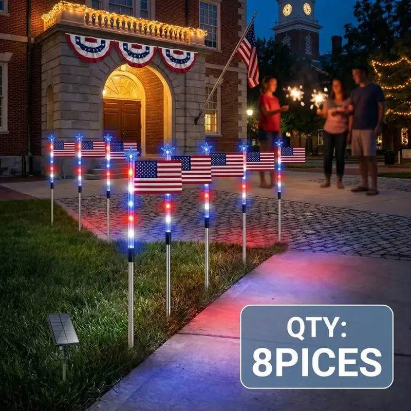 8-Piece Flag Light Set, 4Th of July Decorations 8 Lighting Modes, 8-In-1 American Flag Solar Lights, Memorial Day Decorations Featuring Red, White, and Blue Lights for Independence Day Pathway Garden Decorations Yard Pathway