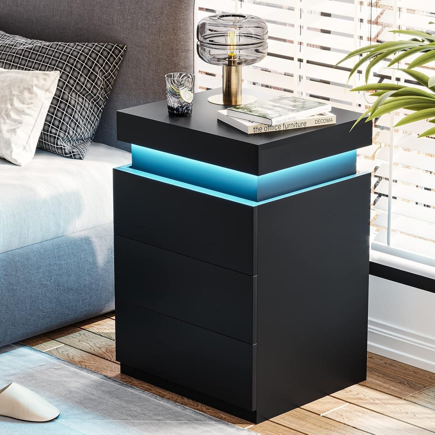 Bedroom Nightstand Charging Station LED Lights Sliding Top Drawers