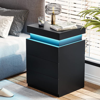 Bedroom Nightstand Charging Station LED Lights Sliding Top Drawers
