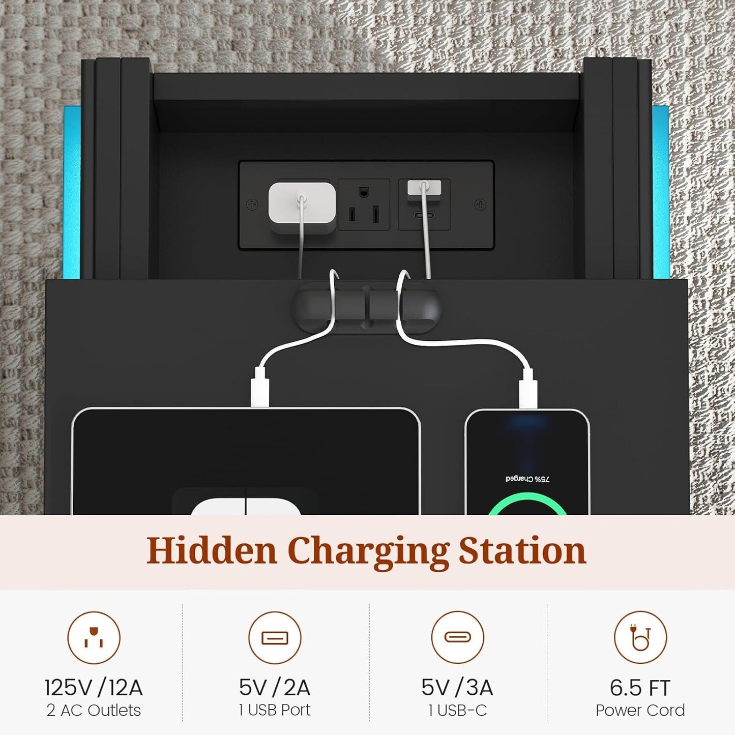 Bedroom Nightstand Charging Station LED Lights Sliding Top Drawers