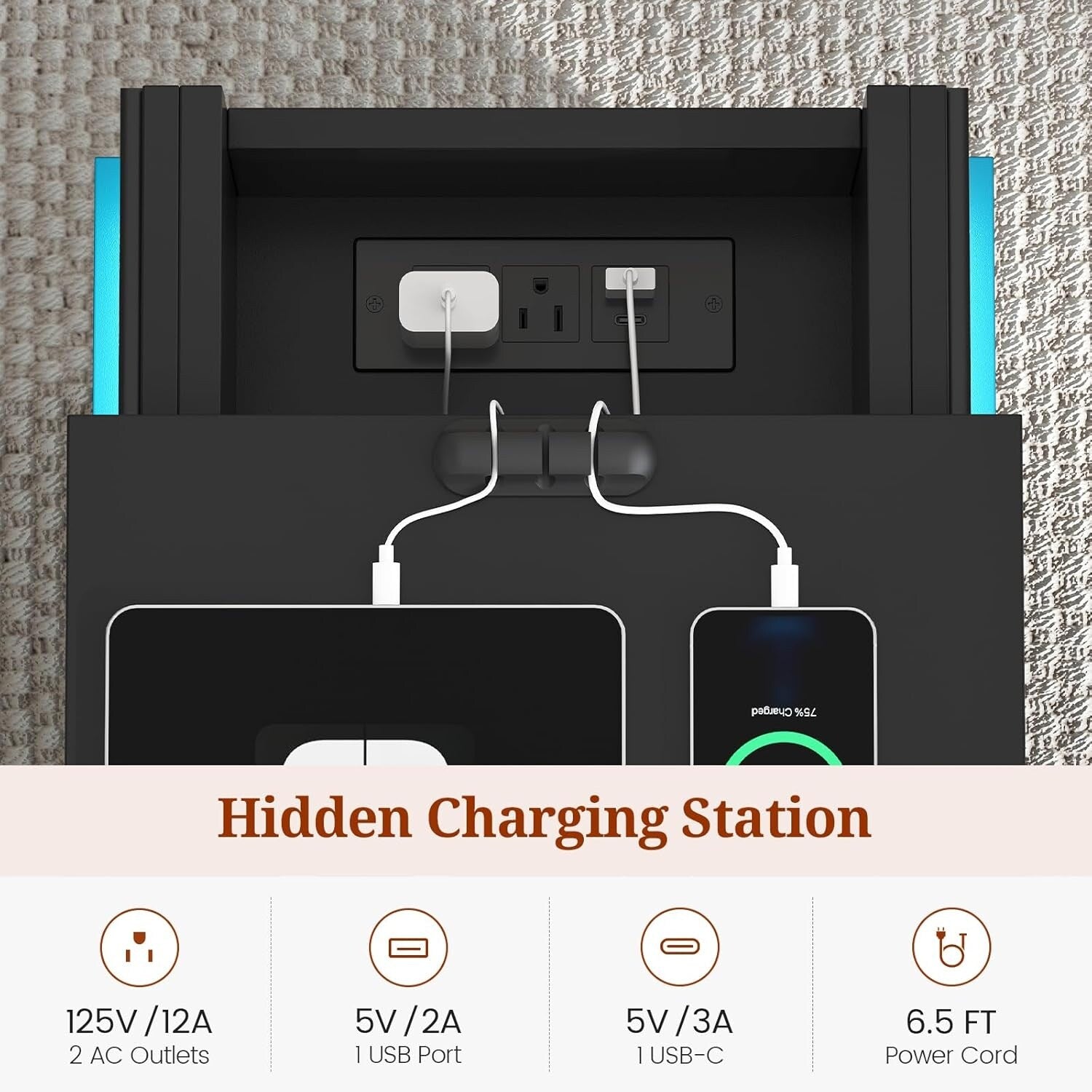 Bedroom Nightstand Charging Station LED Lights Sliding Top Drawers