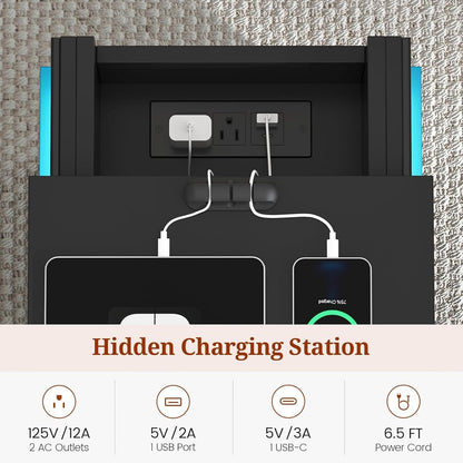 Bedroom Nightstand Charging Station LED Lights Sliding Top Drawers