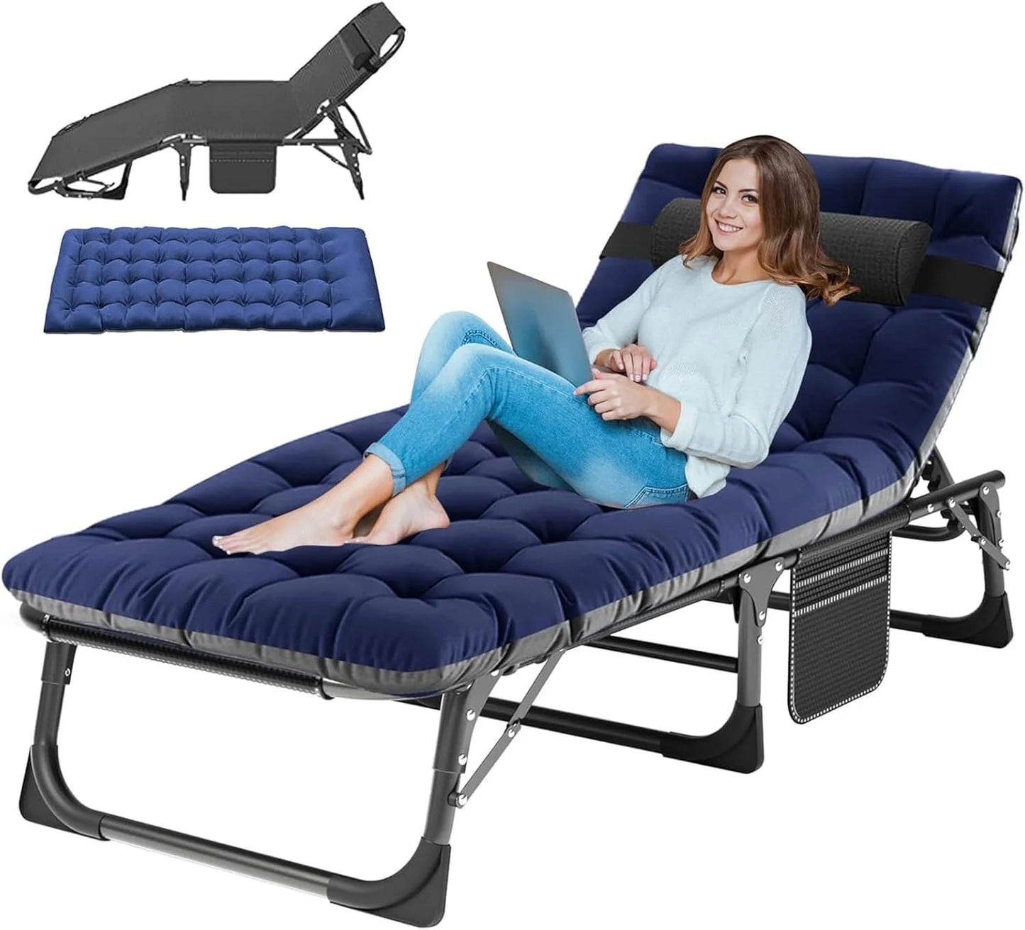 Slsy 3 in 1 Sun Tanning Chair Oversized with Mat & Face Arm Hole, 5-Position Heavy Duty Folding Chaise Outdoor Lounge Chair W/ Pillow, for Beach, Pool, Lawn, Yard, Patio