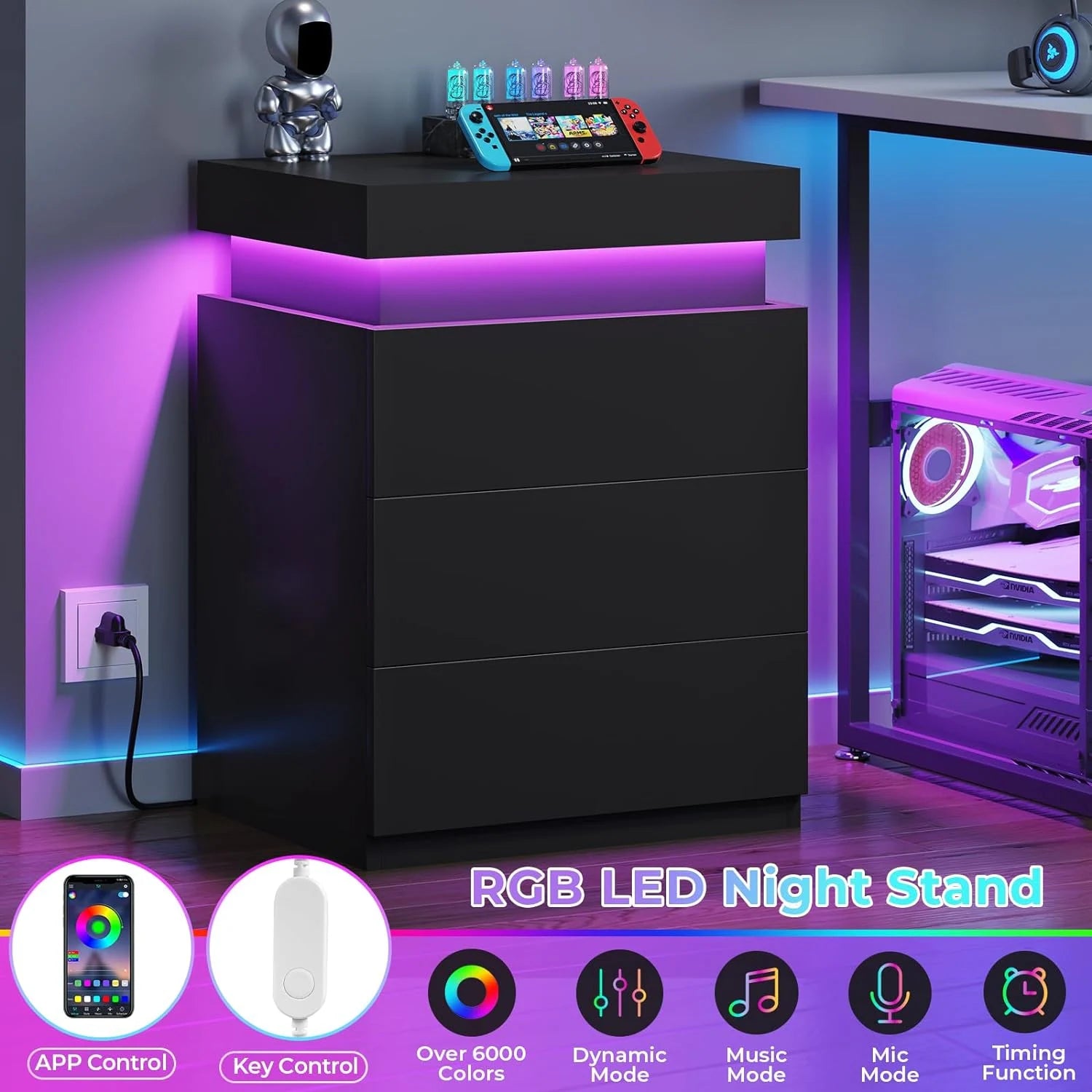 Bedroom Nightstand Charging Station LED Lights Sliding Top Drawers