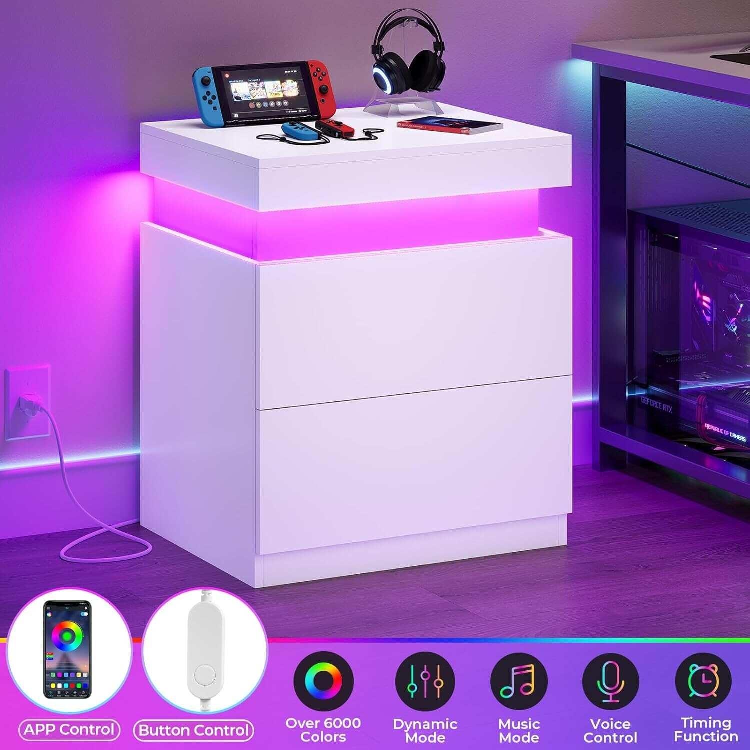 Bedroom Nightstand Charging Station LED Lights Sliding Top Drawers