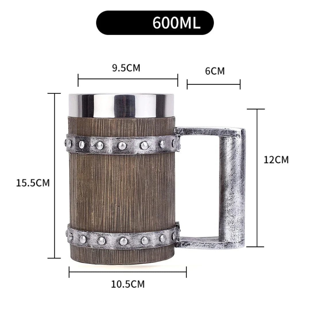 Viking Wood Style Beer Mug 3D Resin Stainless Steel Coffee Cup Wine Glass Metal Double Wall Mug Beer Jug Cup Thermal
