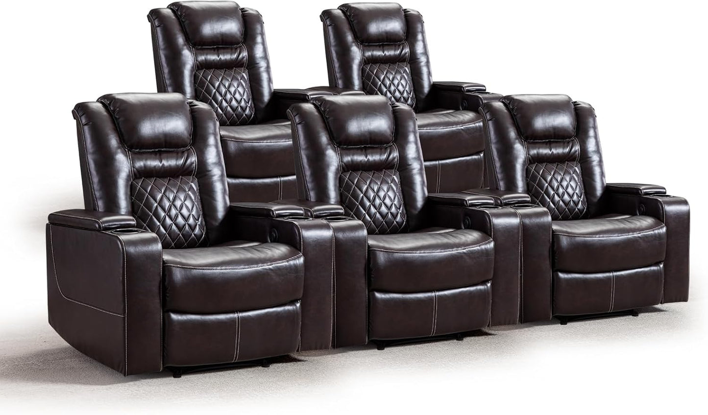 CANMOV Electric Power Recliner Chair with USB Ports and Cup Holders, Breathable Leather Home Theater Seating with Hidden Arm Storage (Black)