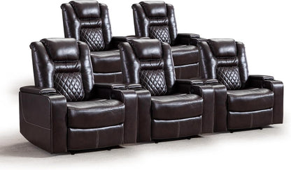 CANMOV Electric Power Recliner Chair with USB Ports and Cup Holders, Breathable Leather Home Theater Seating with Hidden Arm Storage (Black)