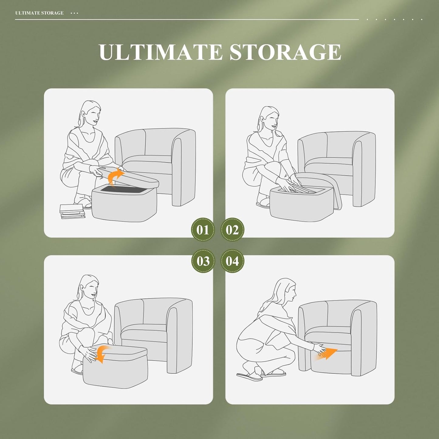 COLAMY Velvet Morden Living Room Chair with Storage Ottoman, Barrel Accent Chair with Lounge Seat for Bedroom/Reading Spaces, Green