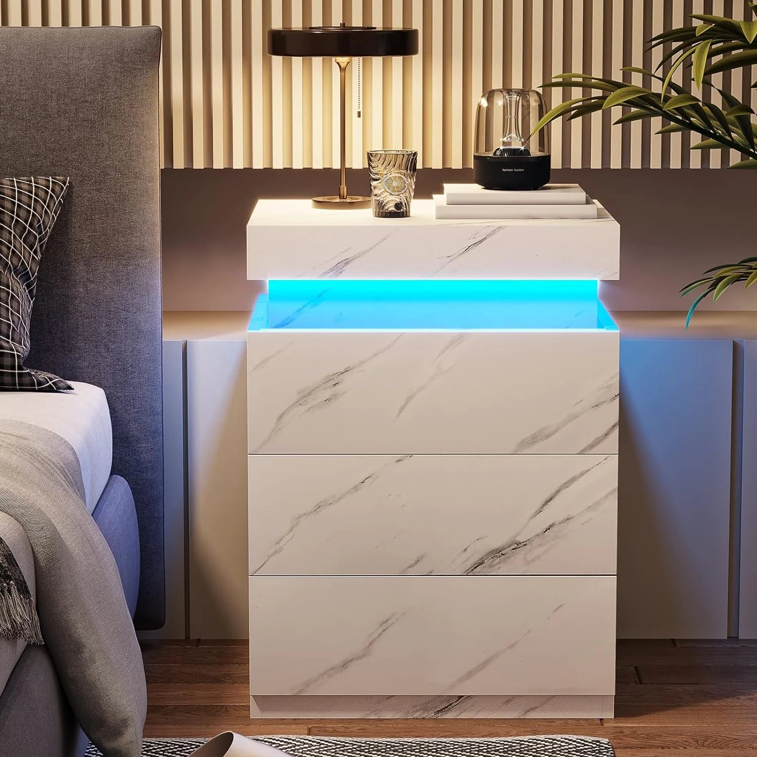 Bedroom Nightstand Charging Station LED Lights Sliding Top Drawers