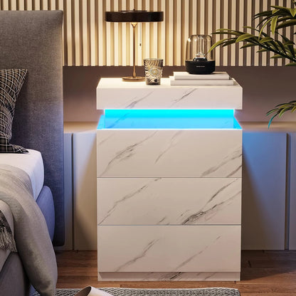 Bedroom Nightstand Charging Station LED Lights Sliding Top Drawers