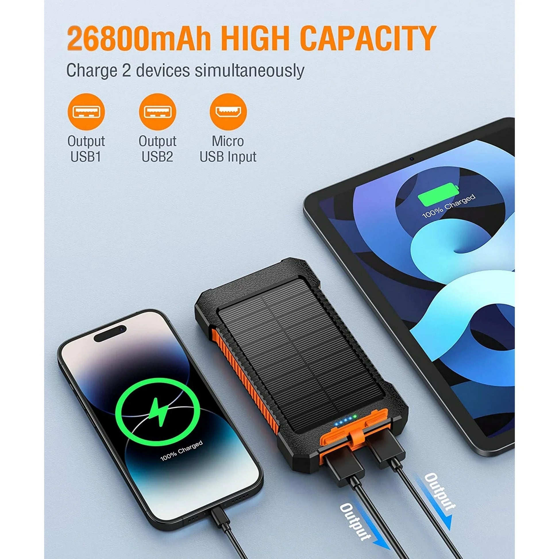 JIUMESS 26800Mah Solar Power Bank, USB Portable Solar Charger Compatible for Iphone, Android Phone