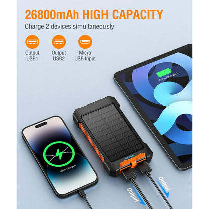 JIUMESS 26800Mah Solar Power Bank, USB Portable Solar Charger Compatible for Iphone, Android Phone
