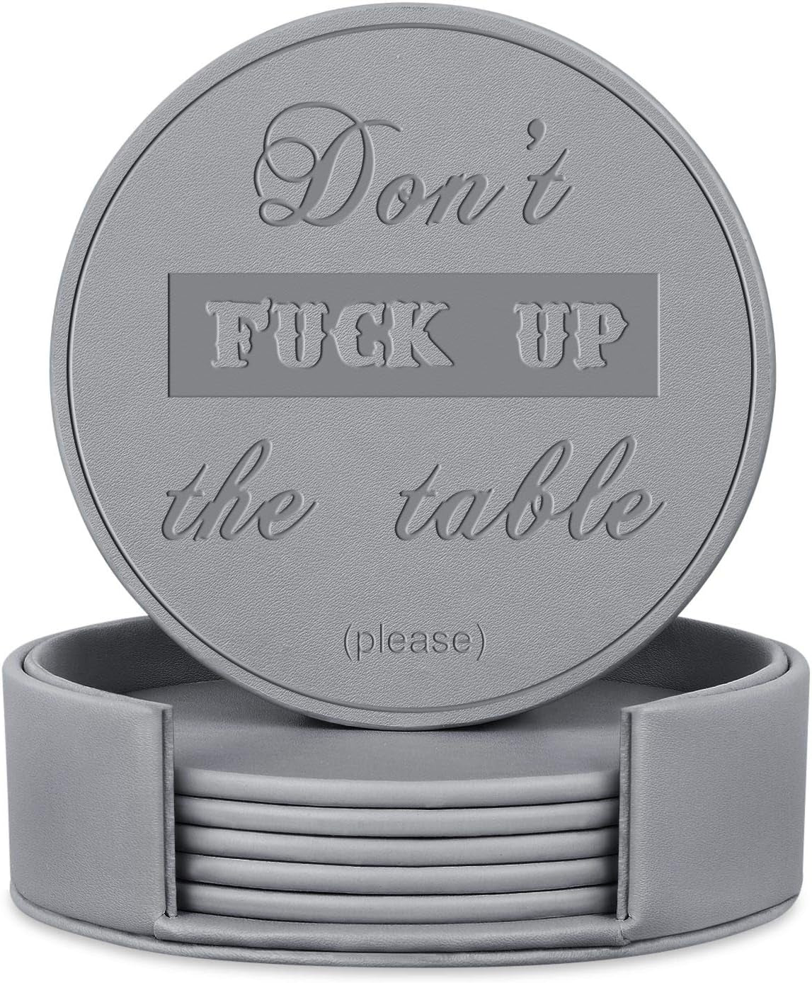 Funny Coasters, Thipoten 6 Pcs Leather Coasters with Holder, Perfect Housewarming Hostess Gifts, Protect Furniture from Water Marks Scratch and Damage(6Pcs, Black)