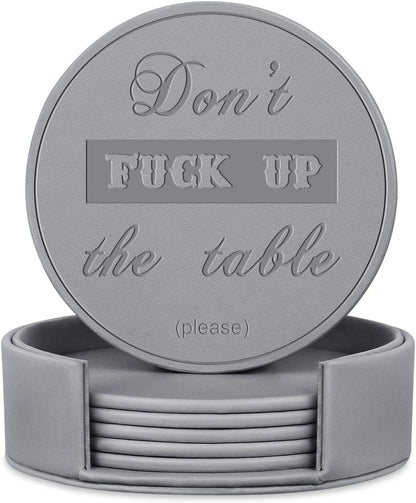 Funny Coasters, Thipoten 6 Pcs Leather Coasters with Holder, Perfect Housewarming Hostess Gifts, Protect Furniture from Water Marks Scratch and Damage(6Pcs, Black)