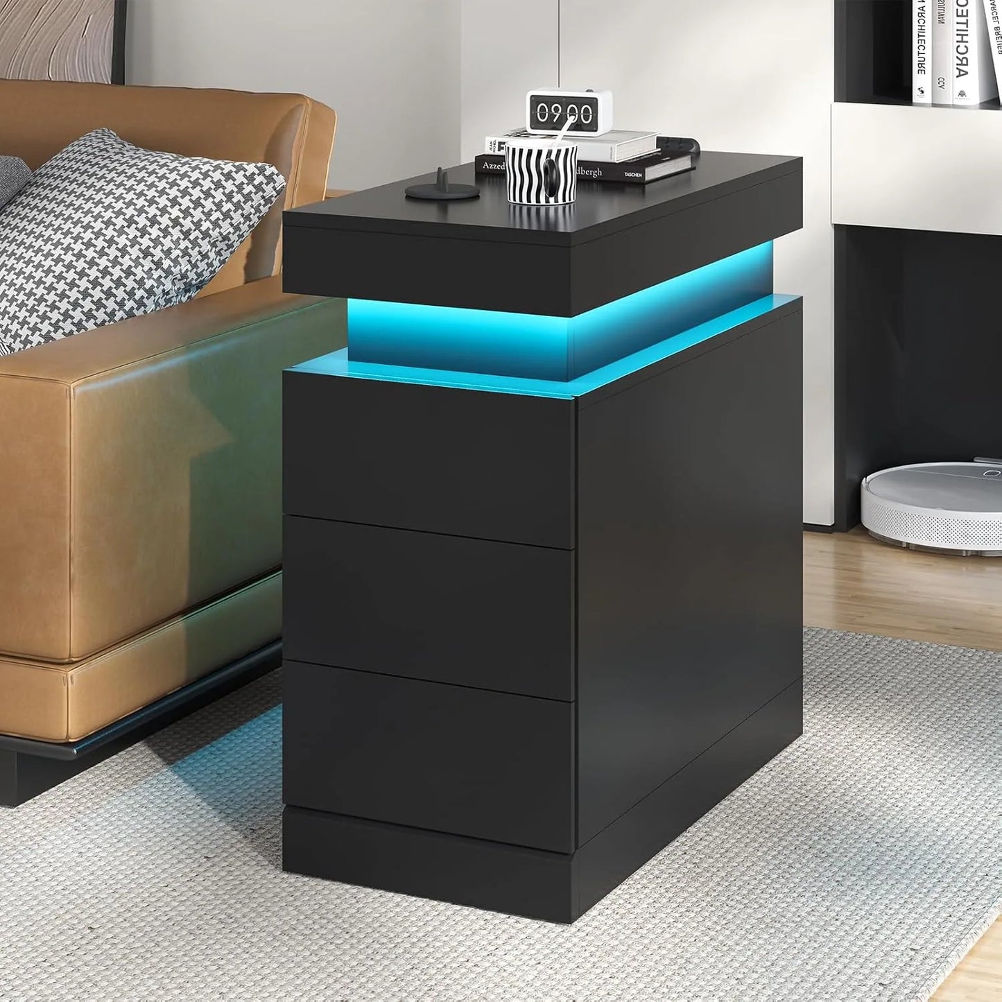Bedroom Nightstand Charging Station LED Lights Sliding Top Drawers