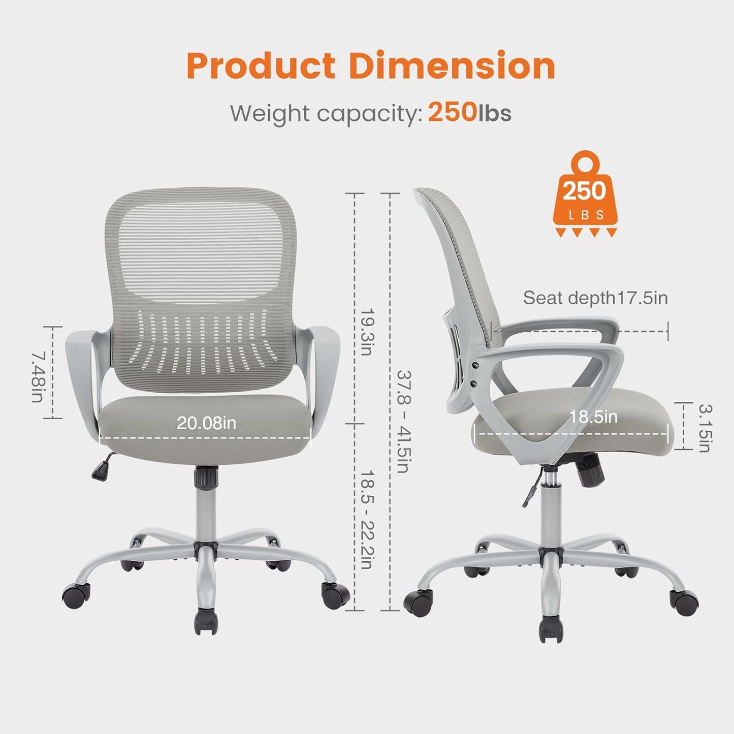 Sweetcrispy Home Office Managerial Executive Chair, Ergonomic Mesh Adjustable Swivel Mid-Back Chair with Comfortable Lumbar Support, Comfy Arms for Bedroom,Study,Student
