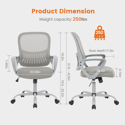 Sweetcrispy Home Office Managerial Executive Chair, Ergonomic Mesh Adjustable Swivel Mid-Back Chair with Comfortable Lumbar Support, Comfy Arms for Bedroom,Study,Student