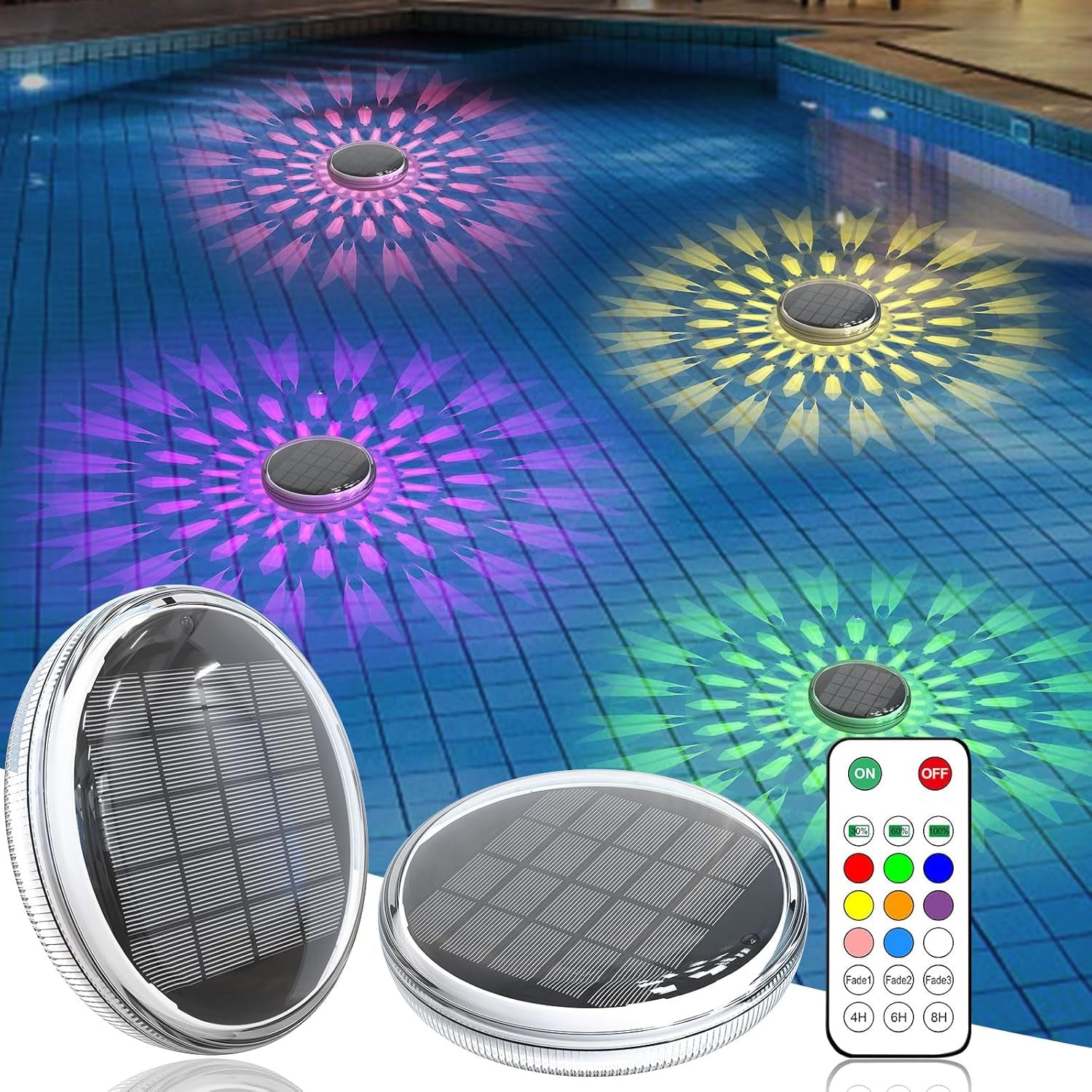 2.0 Vault Glow™ Aqua Lights Solar Rechargeable Floating Pool Lights(2 Pack), Pool Lights That Float with Remote Control, 9 Lighting, Timing Mode, IPX7 Waterproof for Inground Pool, Bathroom, Bathtub, Pool Party