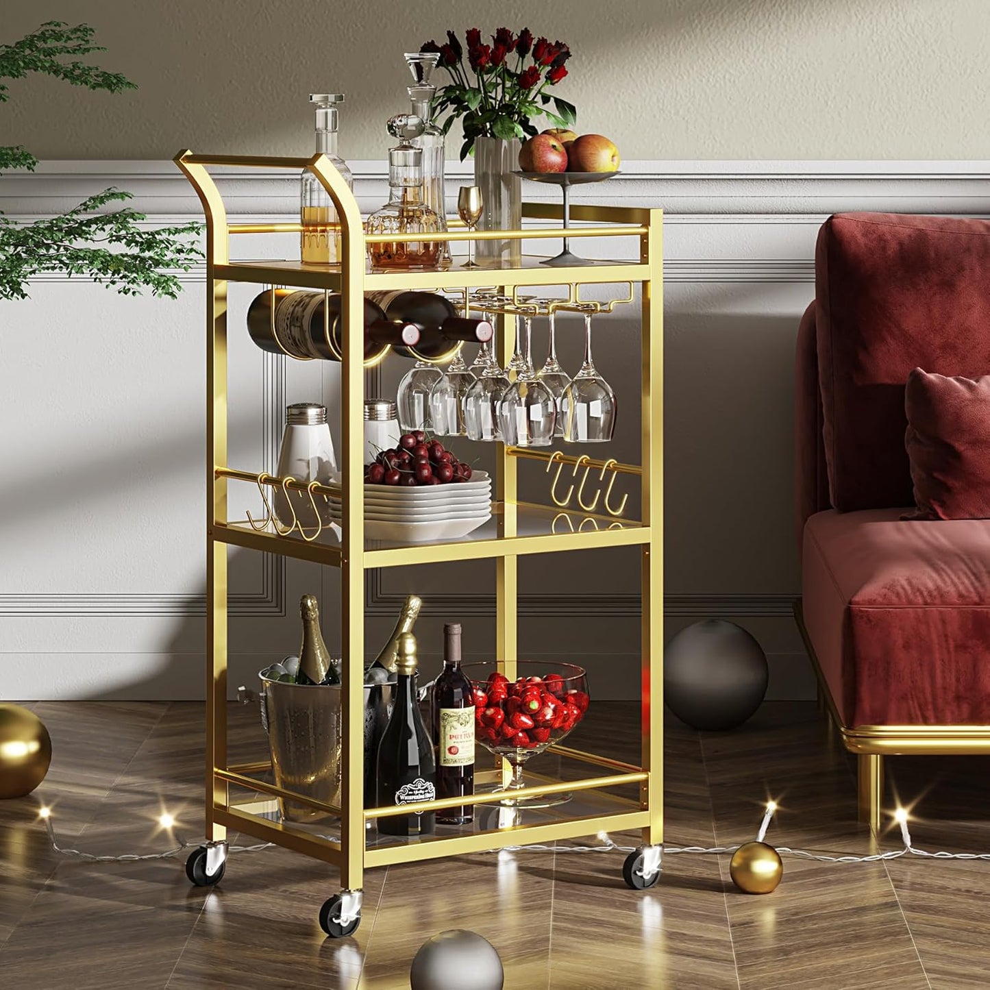 TUTOTAK Bar Cart, Home Bar Serving Cart with 3-Tier Mirrored Shelf, Wine Cart, Mobile Kitchen Shelf, Gold BC01BB034