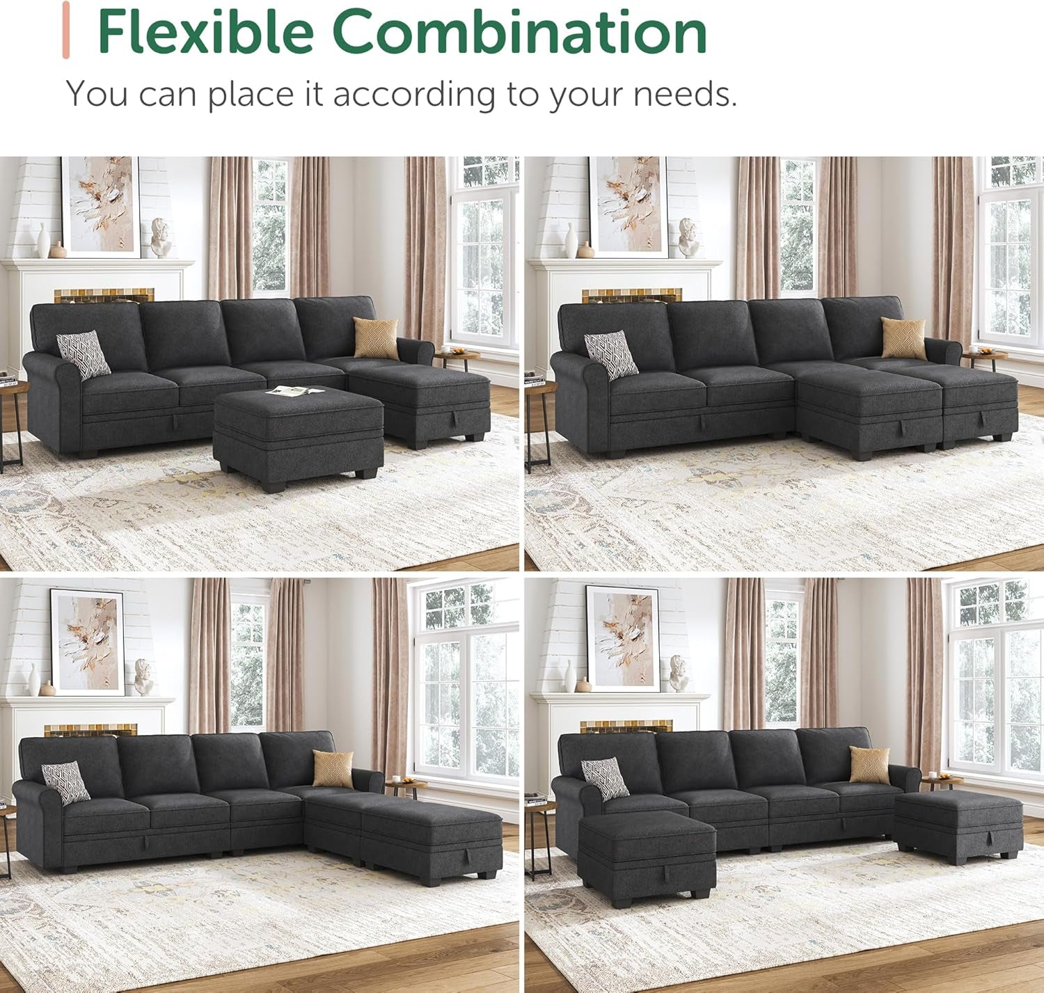 HONBAY Sectional Sofa with Storage Seat U Shaped Sectional Couch with Reversible Chaise Convertible Sectional Couches for Living Room,Dark Grey