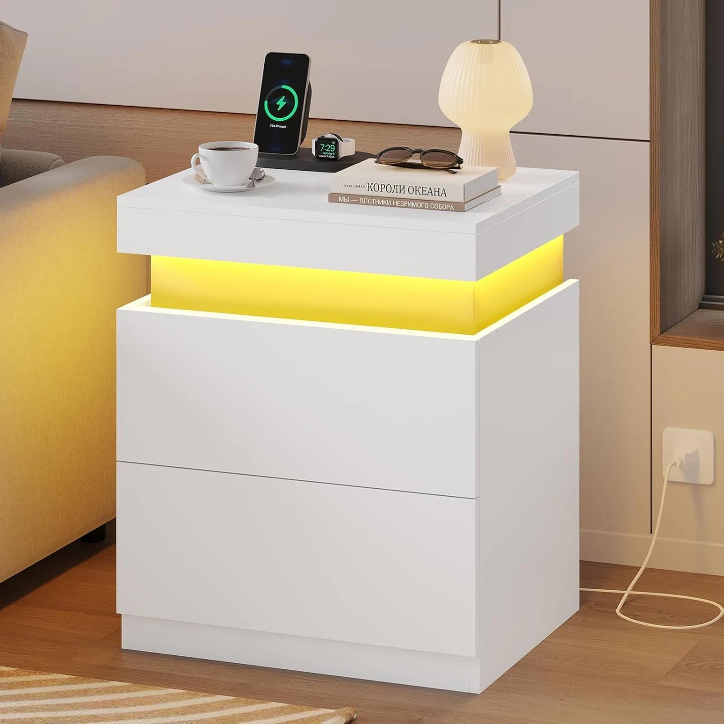 Bedroom Nightstand Charging Station LED Lights Sliding Top Drawers
