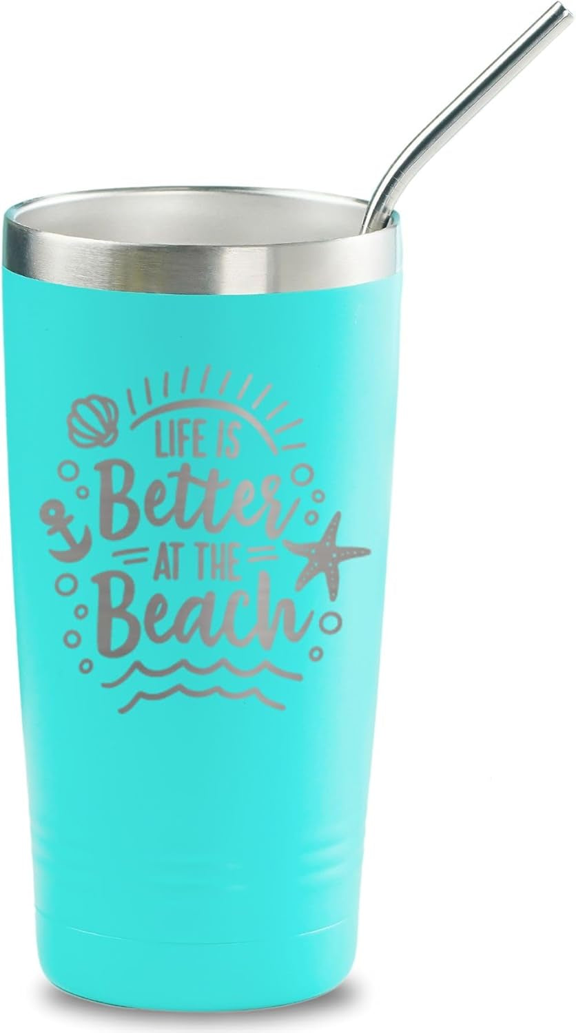 Onebttl Beach Gifts for Women or Men, 20Oz Vacuum Insulated Stainless Steel Travel Tumbler with Lid, Beach Themed Gifts, Gifts for Beach Lovers, Blue (Life Is Better at the Beach)