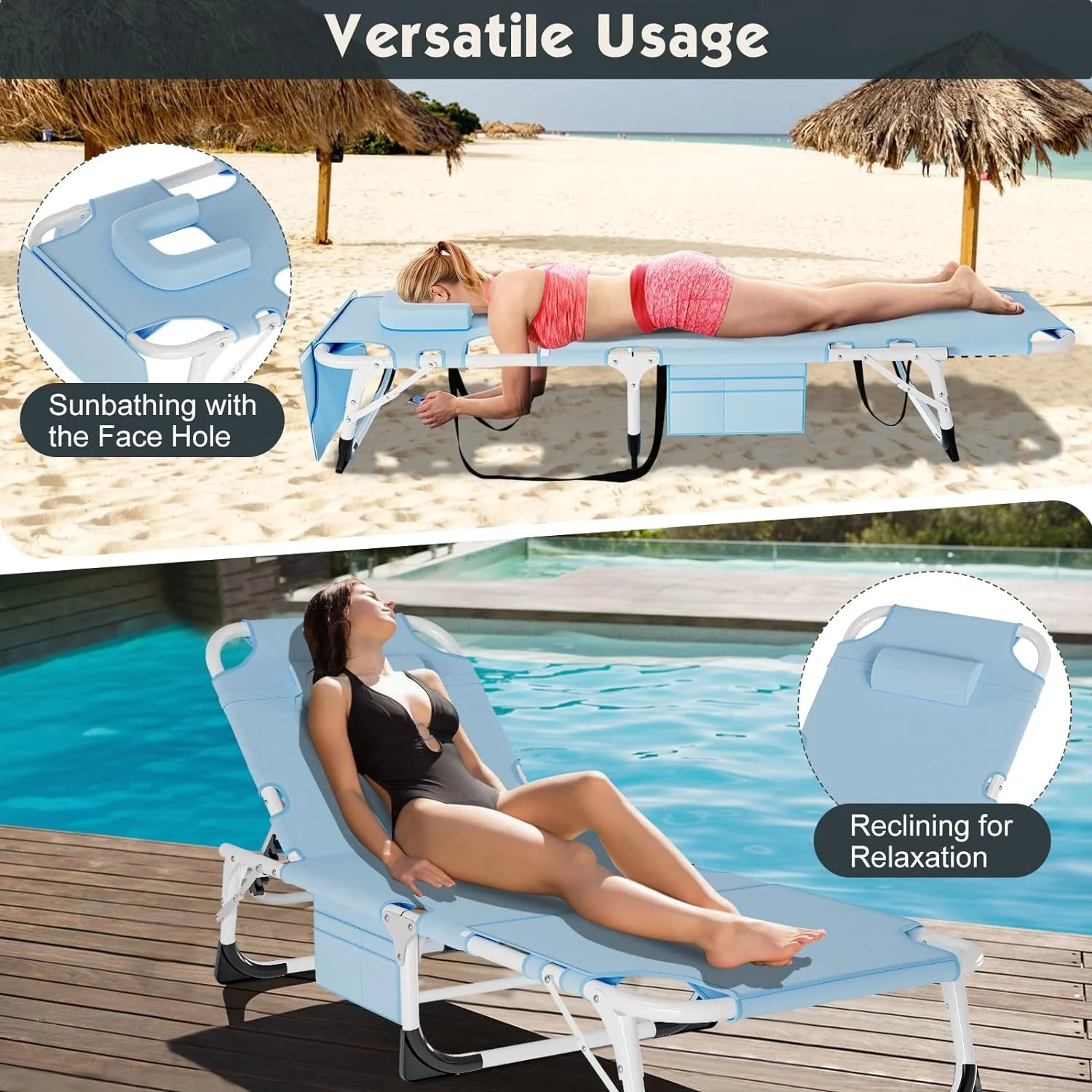 Slsy 3 in 1 Sun Tanning Chair Oversized with Mat & Face Arm Hole, 5-Position Heavy Duty Folding Chaise Outdoor Lounge Chair W/ Pillow, for Beach, Pool, Lawn, Yard, Patio