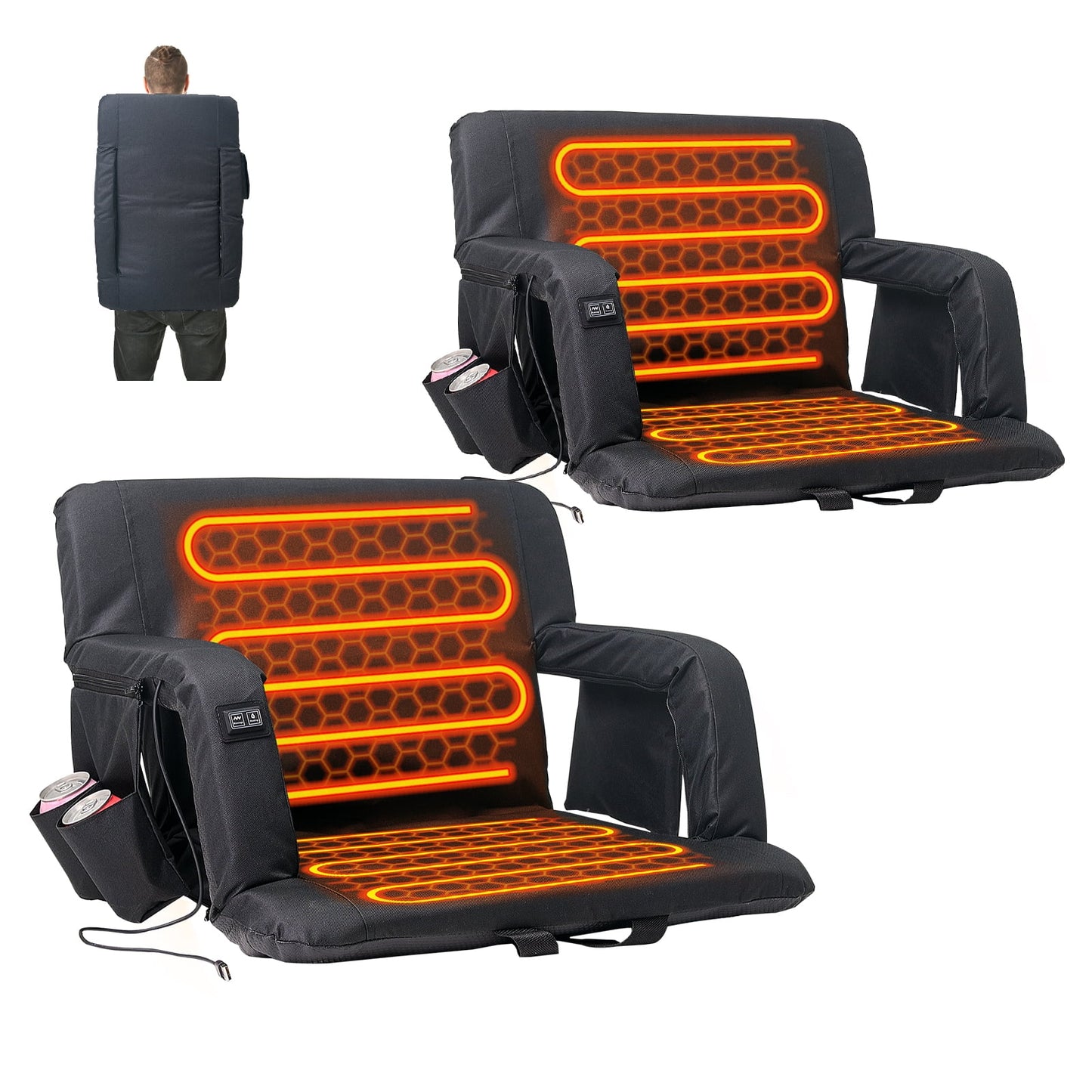 SLSY Heated Stadium Seat Bleacher Seat with Back & Arm Support, Portable 6 Reclinng Positions Stadium Seating for Bleachers, Bleacher Seats for Sports Events, Outing, Travelling, Hiking