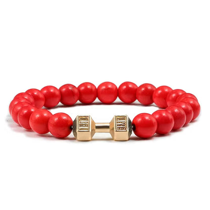 ForgeFit™ Volcanic Stone Fitness Bracelet / Natural Volcanic Stone Bracelet Men Matte Black Lave White Beads Charm Dumbbell Strand Bracelets Women Barbell Fitness Jewelry