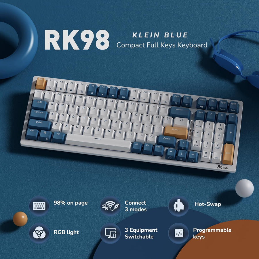 RK ROYAL KLUDGE RK98 Wireless Mechanical Keyboard, Tri-Mode 2.4G/BT5.1/USB-C Hot Swappable Full Size Keyboard, RGB Backlit Gaming Keyboard, Massive Battery Software Support, Brown Switch