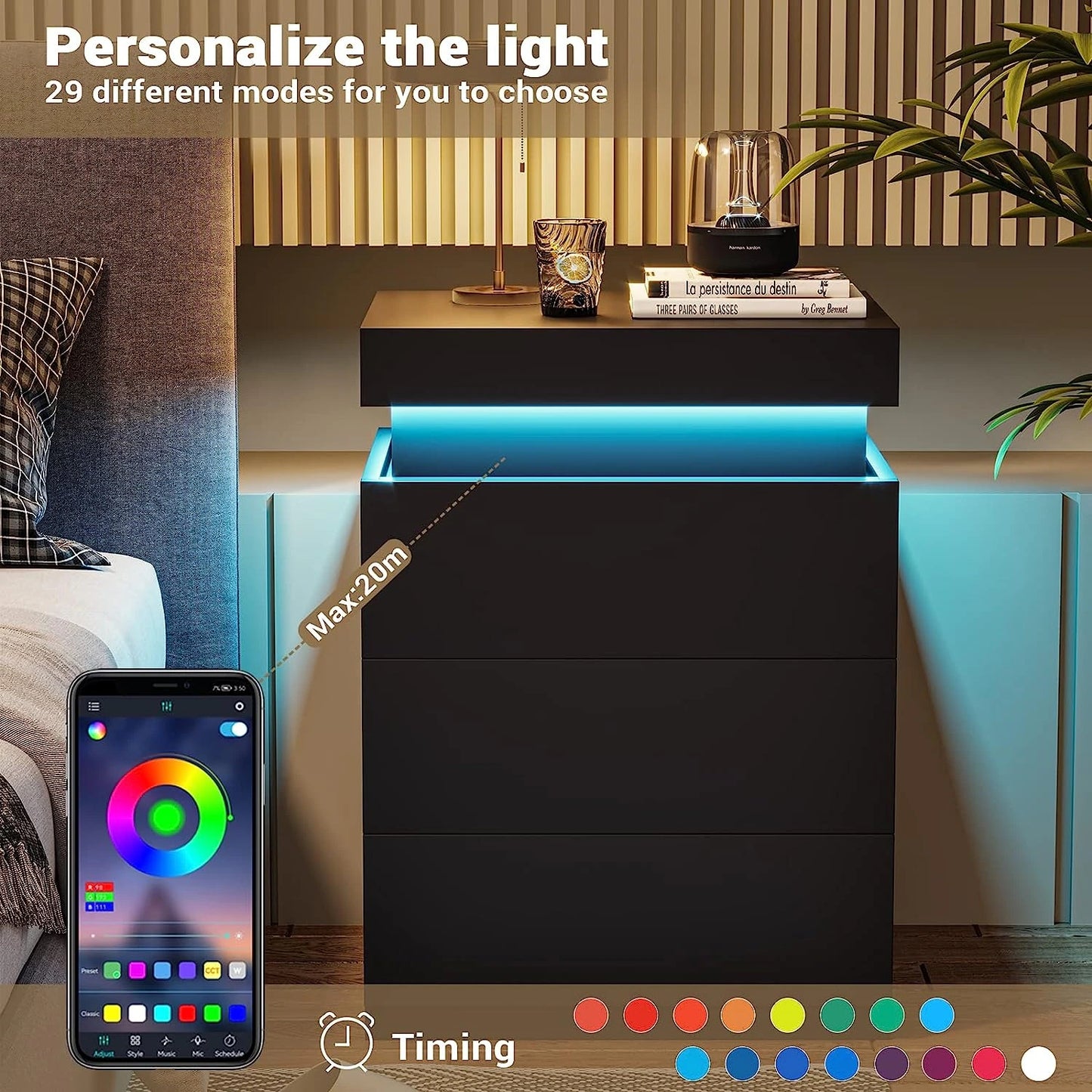Bedroom Nightstand Charging Station LED Lights Sliding Top Drawers