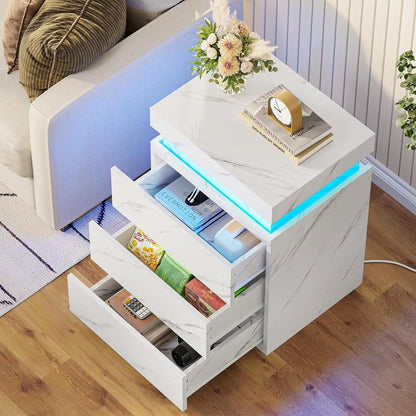 Bedroom Nightstand Charging Station LED Lights Sliding Top Drawers