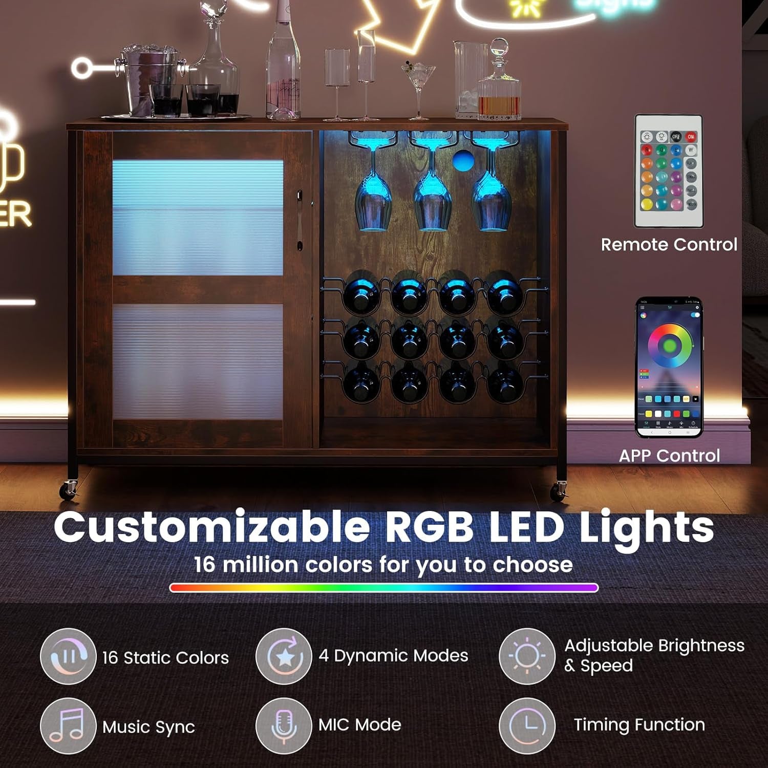 GOFLAME Wine Bar Cabinet on Wheels, Liquor Buffet Sideboard with LED Lights, Storage Shelves, Glass Holders & Wine Racks, Industrial Coffee Cart Station for Kitchen Dining Room, Rustic Brown