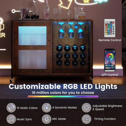 GOFLAME Wine Bar Cabinet on Wheels, Liquor Buffet Sideboard with LED Lights, Storage Shelves, Glass Holders & Wine Racks, Industrial Coffee Cart Station for Kitchen Dining Room, Rustic Brown